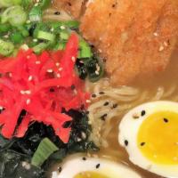 Shio Ramen With Vegetable Broth · Lightly breaded chicken with vegetable shoyu broth, wakame, green onion, pickle ginger, soft...