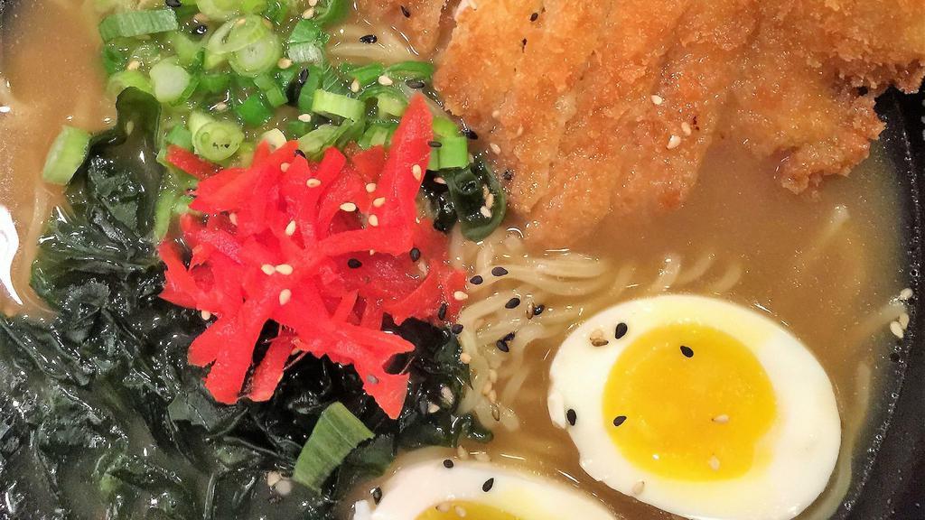 Shio Ramen With Vegetable Broth · Lightly breaded chicken with vegetable shoyu broth, wakame, green onion, pickle ginger, soft-boiled egg.
