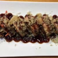 Sams · Shrimp tempura, salmon, jalapeno, sriracha, deep fried on top spicy crunchy unagi sauce.