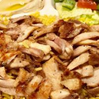 P3 - Meat Or Vegetarian Option Over Seasoned Rice · Served with rice, hummus, salad, and pita, sauce.