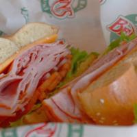 Deli Sandwich · Your choice of fresh sliced ham or turkey with cheddar cheese, lettuce and tomatoes on a bag...