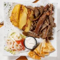 Original Gyro Platter · Thin slice gyro meat served with pita, tzatziki, tomato, lettuce. Onions and a side of your ...