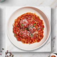 Spaghetti With Meatballs · Fresh spaghetti and homemade ground beef meatballs served with rossa (red) sauce, red pepper...