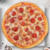 All Meat Pizza · Pepperoni, Canadian bacon, Italian sausage, bacon and hamburger beef baked on a hand-tossed ...