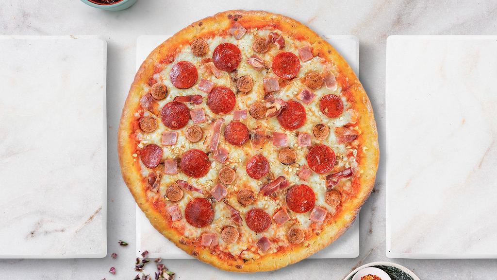 All Meat Pizza · Pepperoni, Canadian bacon, Italian sausage, bacon and hamburger beef baked on a hand-tossed dough.