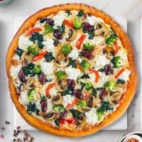 Garden Veggie Pizza · Onions, green peppers, green and black olives, fresh tomatoes, and mushrooms baked on a hand...