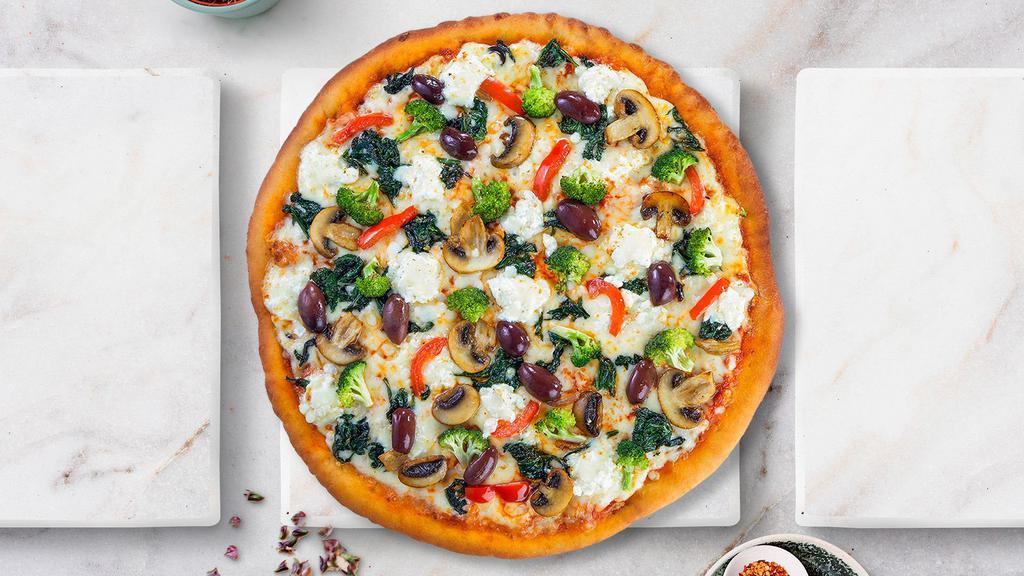 Garden Veggie Pizza · Onions, green peppers, green and black olives, fresh tomatoes, and mushrooms baked on a hand-tossed dough.