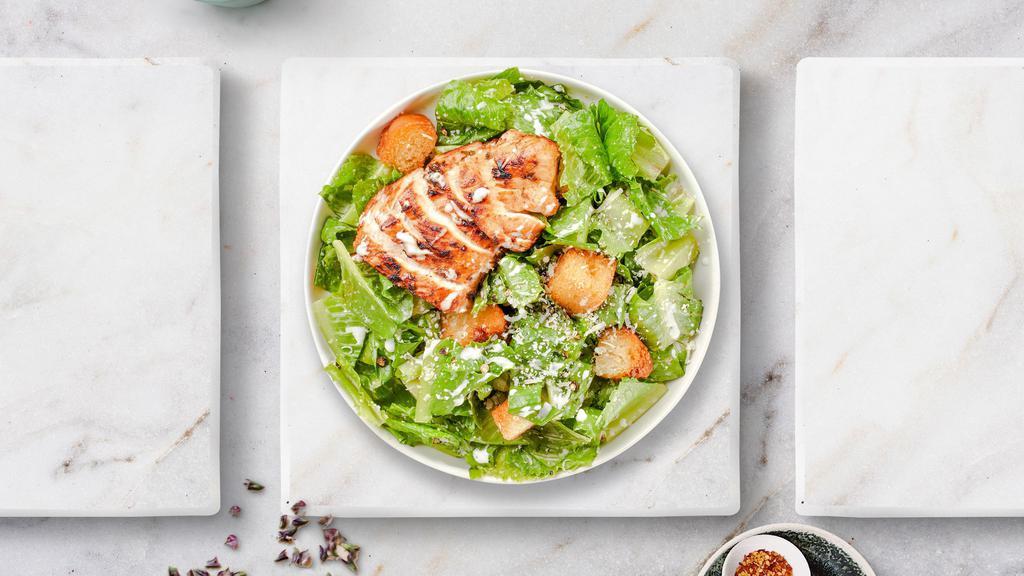 Chicken Caesar Salad · Romaine lettuce, grilled chicken, house croutons, and parmesan cheese tossed with caesar dressing.