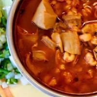 Menudo · Served with grilled bread, onions, oregano, red pepper and limes. Pancakes and hash browns n...