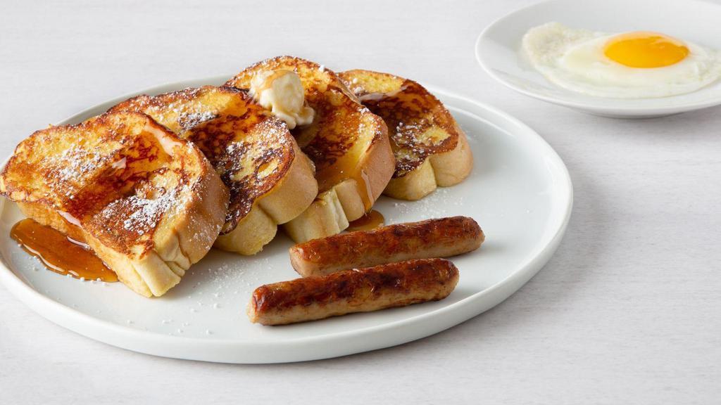 French Toast Combo · One egg, any style, four slices of vanilla-battered French toast with two cherrywood-smoked bacon strips or two sausage links.