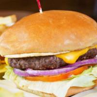 All-American Cheeseburger · Choice of American, Swiss, pepper jack, cheddar, mozzarella, or crumbled bleu cheese.