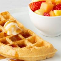 Kids' Belgian Waffle · Half of a Belgian waffle served with syrup.