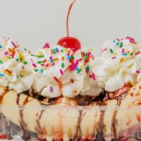 Banana Split · 3 scoops of ice cream topped with chocolate and strawberry syrup, whip cream, sprinkles and ...