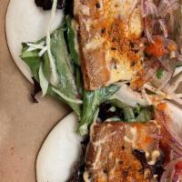 Pork Belly Bao (2 Buns) · Fluffy bao bun filled with Latin style pork belly, citrus spicy mayo, spring mix and pickled...