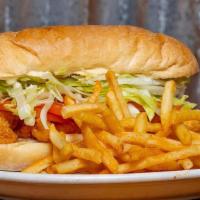 Poboy · Toasted baguette with fresh lettuce, tomatoes, pickles & mayo served with french fries