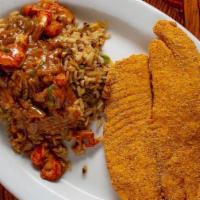 Fried Tilapia & Etouffee · Crispy tilapia fillet fried in our seasoned cornmeal and served with a generous helping of e...