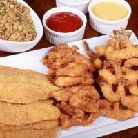 Value Pack #1 · Feeds 6 to 8.  (25) fried shrimp, (1) pound of fried chicken tenders, (6) fried fish fillet ...