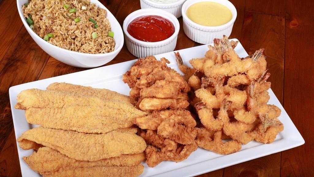 Value Pack #2 · Serves 10. 50 fried shrimp, 2.5 pounds of fried chicken tenders, 10 fried fish fillets and 1/2 gallon of dirty rice.