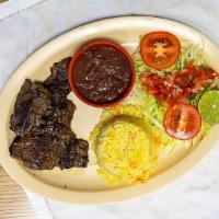 Carne Asada · Rice, beans, cheese,  salad, tortillas