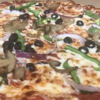 Vegetarian Pizza · green peppers,onion,tomatoes,black or green olives,mushrooms
