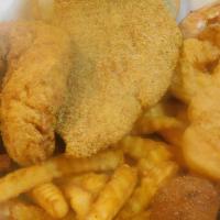 Po-Boy'S Sampler · Fries and hush puppies. 1 pc fish, two chicken tenders, four large shrimps.
