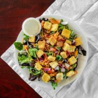 Temptations House Salad · Spring mix, tomato, onion, cheese & Croutons