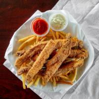 Catfish Dinner · Your Choice of Five strips of fried catfish or a Grilled Filet with fries.
