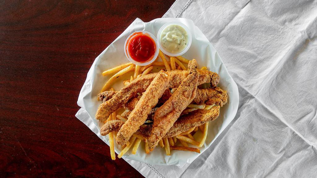 Catfish Dinner · Your Choice of Five strips of fried catfish or a Grilled Filet with fries.