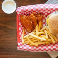 Hamburger & 5 Pcs Classic Wings · Served with regular fries, ranch and a drink.