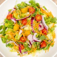 House Salad · Romaine lettuce with carrots, heirloom cherry tomatoes, julienned carrots, and red onion wit...