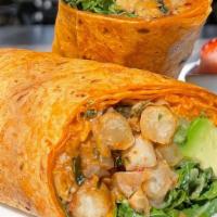 Chipotle Chickpea Wrap · Chickpeas sauteed with muchrooms and onions in spicy chipotle sauce, arugula, avocado, carro...