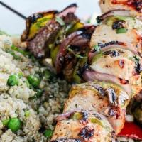 5-Spice Skewers · One beef tenderloin skewer and one chicken breast skewer with bell peppers and red onions an...
