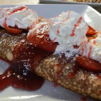 Strawberry Blintz · 2 Texas Sized crepes stuffed and topped with homemade strawberry cream.