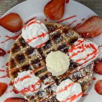 Belgian Waffle · Belgian waffle (Optional) add strawberries, chocolate chips, bananas, pecan or blueberry pie...
