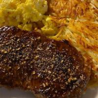 Steak N Eggs Plate · 10 oz NY Strip, 2 eggs, choice of side, and toast