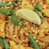 Pad Thai · Rice noodles with your choice of protein, egg, carrots, scallions, chopped peanuts, and Thai...