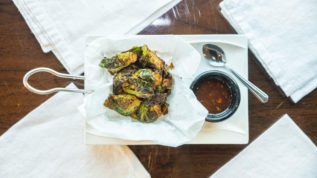 Crispy Brussels Sprout With Salt, · serve with sweet chili sauce
