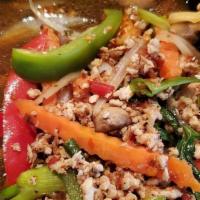Stir Fried Basil	 · Basil leaves, green and white onions, mushroom, carrots, bell peppers, and garlic