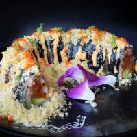 Volcano Rolls (10 Pieces) · Spicy tuna,  and avocado topped with crunch, masago, green onion, spicy mayo, and eel sauce.