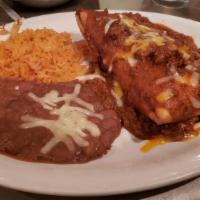 Chimichanga · Large deep fried flour tortilla filled with beans, cheese and your choice of shredded chicke...