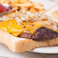 Patty Melt · 1/2 lb ground beef patty topped with cheddar cheese & grilled onions served on Texas toast w...