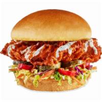 Nashville Hot Chicken Sandwich · hand-breaded chicken / Nashville hot sauce / slaw / pickled hot peppers / pickles / ranch / ...