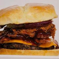Brisket Burger · Tri-blend beef patty, smoked brisket, sliced cheddar cheese, lettuce, mayo, red onion, pickl...