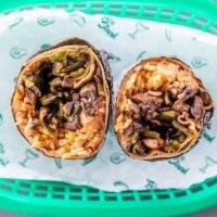 Veggie Burrito · grilled mushroom, grilled peppers, rice, beans, onions, cilantro