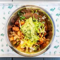 Shrimp Bowl · grilled shrimp, onions, cilantro, lettuce, guacamole, rice, beans