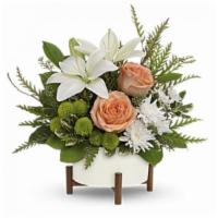 Mod Bloom · Unique in every way, this striking bouquet of peach roses and white lilies is artfully prese...