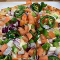 Achari Pizza (Veggie Pizza) · Spicy Indian Sauce, Green Bell Pepper, Red Onion, Cheese, Fresh Jalapeño, Achari Masala, and...