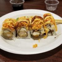 Red Fire Dragon Roll (8 Pcs) · Spicy crab meat, tempura flakes, avocado topped with spicy tuna with spicy mayo.
