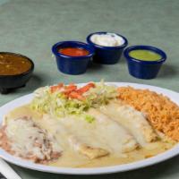 Enchiladas W Rice & Beans · CHOOSE ONE (RED OR GREEN)