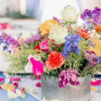 Mini Hat Box · 7in hat box filled with an assortment of the seasons freshest bright cheerful flowers